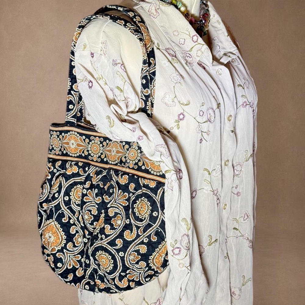 Vera Bradley quilted cotton tote bag black, brown, tan, and cream paisley print